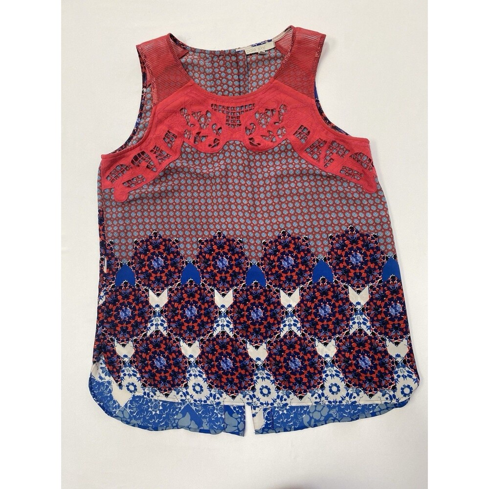 Pale Sky Medium Boho Medallion Crochet Lace Tank Top Festival  July 4th Red
